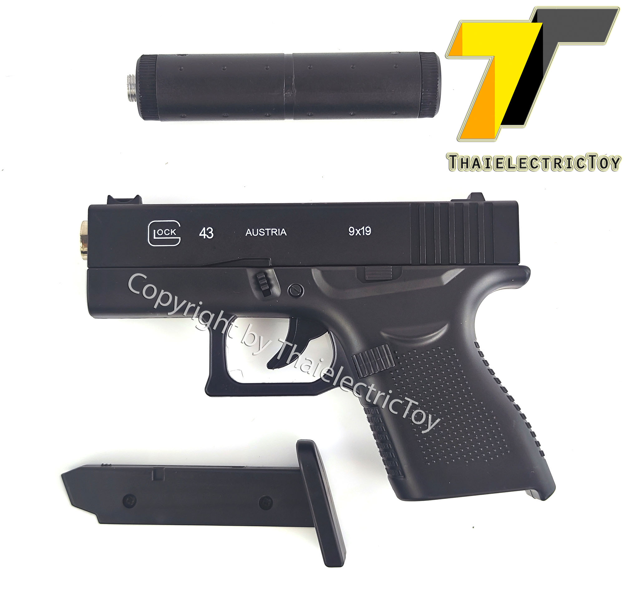 ปืนอัดลมเหล็ก Glock 43 ชักยิงทีล่ะนัด ลำกล้องยาว 6 นิ้ว หนัก 222 กรัม ใช้ลูกกระสุนพลาสติก 6 มิล