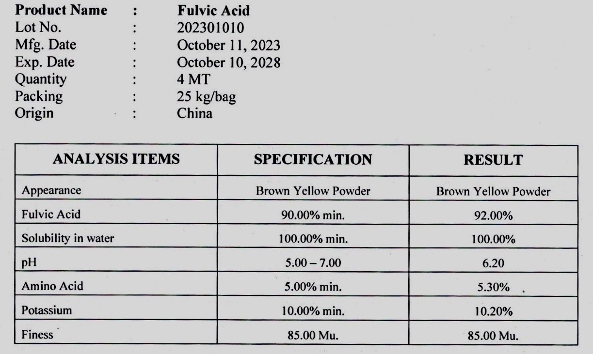 Full effect Fulvic acid 90% Powder ผงฟูลวิก คุณภาพสูง ฟูลวิกแอซิด 90% + อะมิโน5% ช่วยการดูดซึมและลำเลียงธาตุอาหาร ปุ๋ย ยาและฮอร์โมนพืช บรรจุ 25 กิโลกรัม