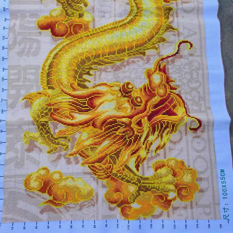 dragon-1102 *สินค้าหมด* ชุดปักครอสติช ลายมังกรทอง (รุ่นไหมเงา silk ปักเต็มผืนผ้า ไม่มีเดินเส้น ผ้า11CTพิมพ์ลาย ปัก 3 เส้นเล็ก) ขนาด 100*55 ซม.ผ้าครอสติช 11CTพิมพ์ลายปักบนผ้า ไหมเงา silk 21 สี ผังลาย เข็ม