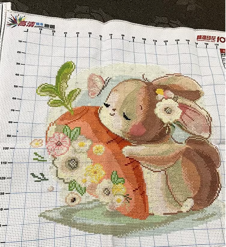 rabbit-1025 *สินค้าหมด* ชุดปักครอสติช ลายกระต่ายกอดแครอท (ไม่มีเดินเส้น ผ้า11CTพิมพ์ลาย ปัก 3 เส้นเล็ก) ขนาด 50*50 ซม.ผ้าครอสติช 11CTพิมพ์ลายปักบนผ้า ไหมคอตตอน 34 สี ผังลาย เข็ม