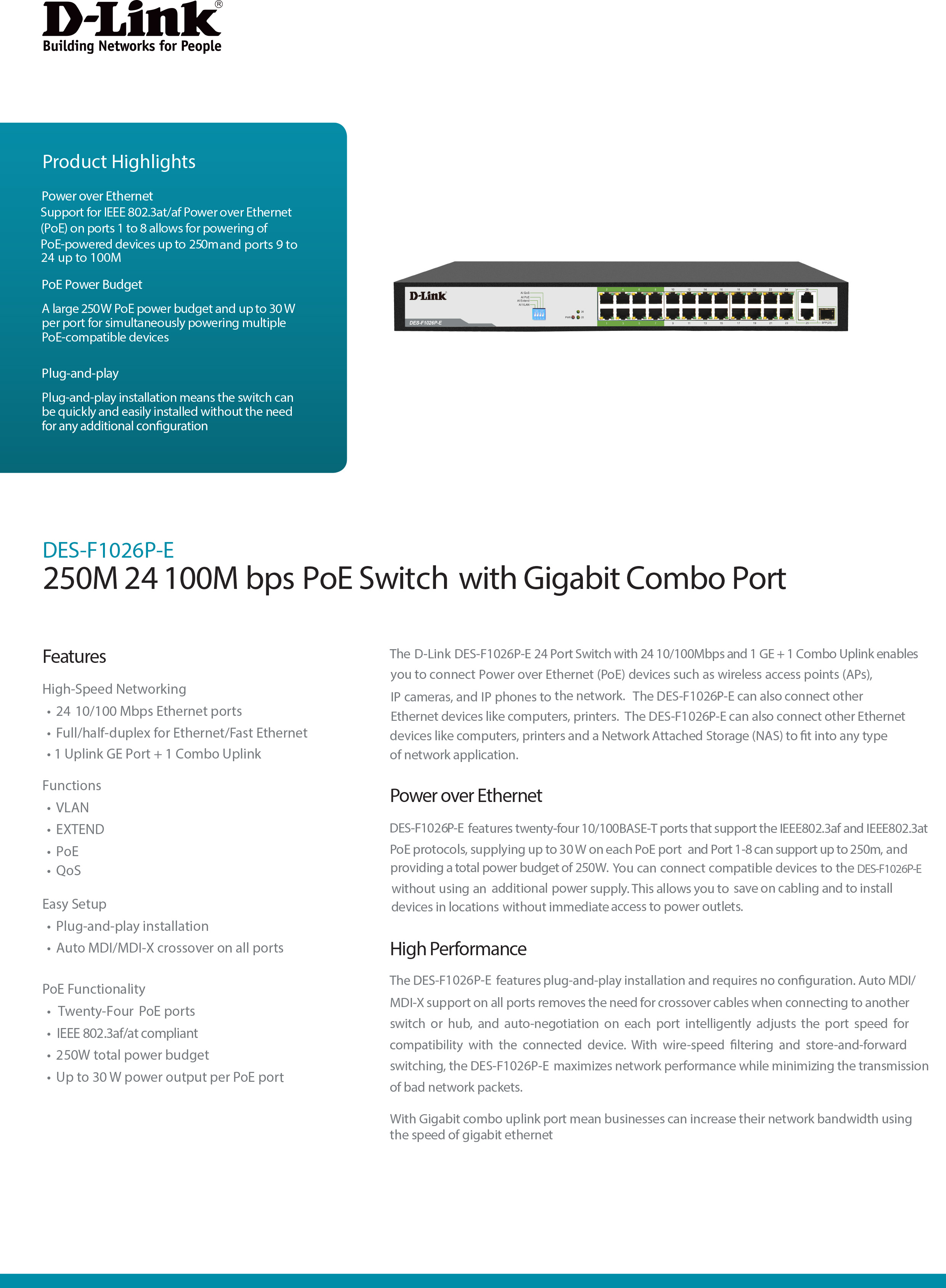 D-LINK DES-F1026P-E : 250M 24-Port Fast Ethernet PoE Switch with 24-port POE+ (250W) with 2 x Gigabit Uplink Ports with 1 Combo SFP BY BILLIONAIRE SECURETECH DES-F1026P-E