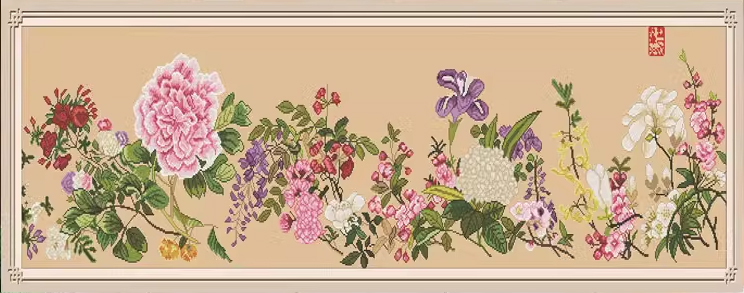 bloom-1103 *สินค้าหมด* ชุดปักครอสติช ลายสวนดอกไม้ (ไม่มีเดินเส้น ผ้า9CTพิมพ์ลายสีน้ำตาล ปัก 4 เส้นเล็ก) ขนาด 160*50 ซม.ผ้าครอสติช 9CTพิมพ์ลายปักบนผ้า ไหมคอตตอน 39 สี ผังลาย เข็ม