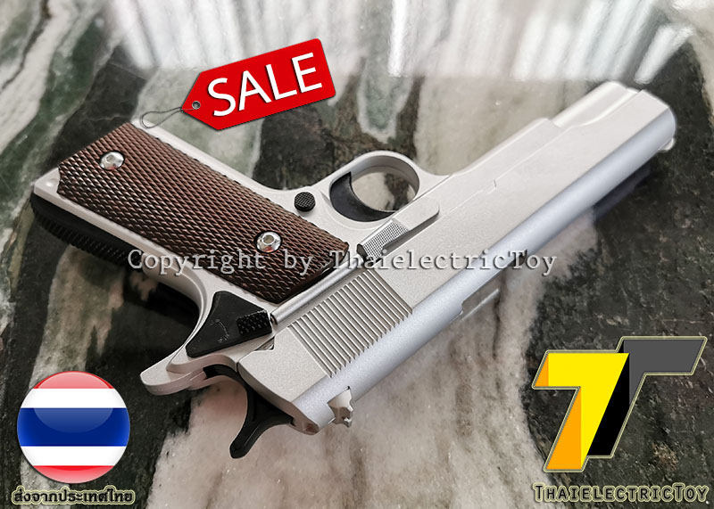 ปืนอัดลมเหล็ก ชักยิงทีล่ะนัด Colt 1911 สีบอร์นเงิน ลำกล้องยาว 7.5 นิ้ว นกสับได้ เซพตี้สไลน์ แมคเหล็ก หนัก 579 กรัม ใช้ลูกกระสุนพลาสติก 6 มิล
