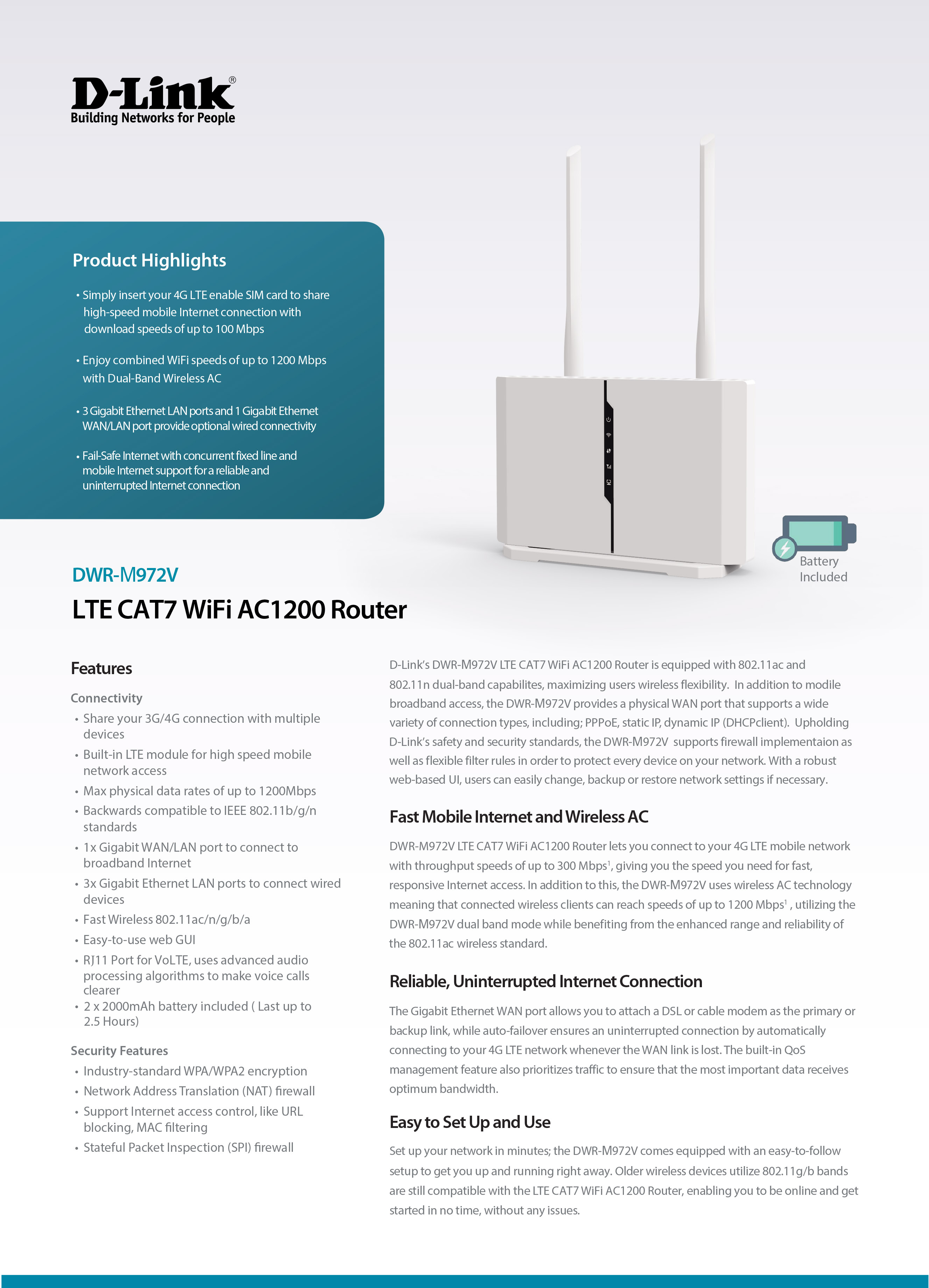 D-LINK DWR-M972V : 4G+ Cat7 AC1200 Wireless Dual Band Gigabit Router BY BILLIONAIRE SECURETECH DWR-M972V