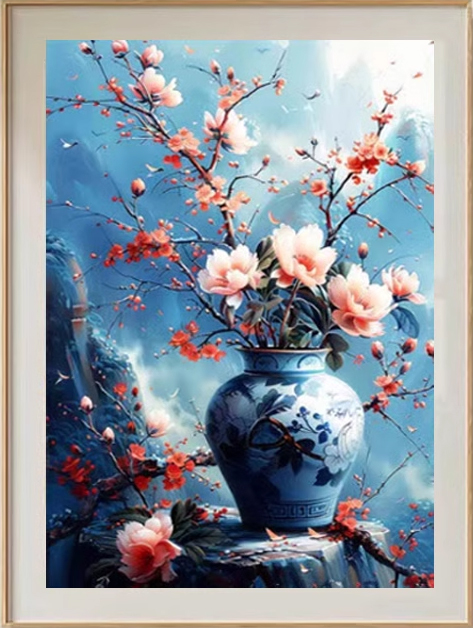 vase-1111 *สินค้าหมด* ชุดปักครอสติช ลายดอกไม้ในแจกันลายคราม (ปักเต็มผืนผ้า ไม่มีเดินเส้น ผ้า11CTพิมพ์ลาย มีประกาย ปัก 3 เส้นเล็ก) ขนาด 50*68 ซม.ผ้าครอสติช 11CTพิมพ์ลายปักบนผ้า ไหมคอตตอน 64 สี ผังลาย เข็ม
