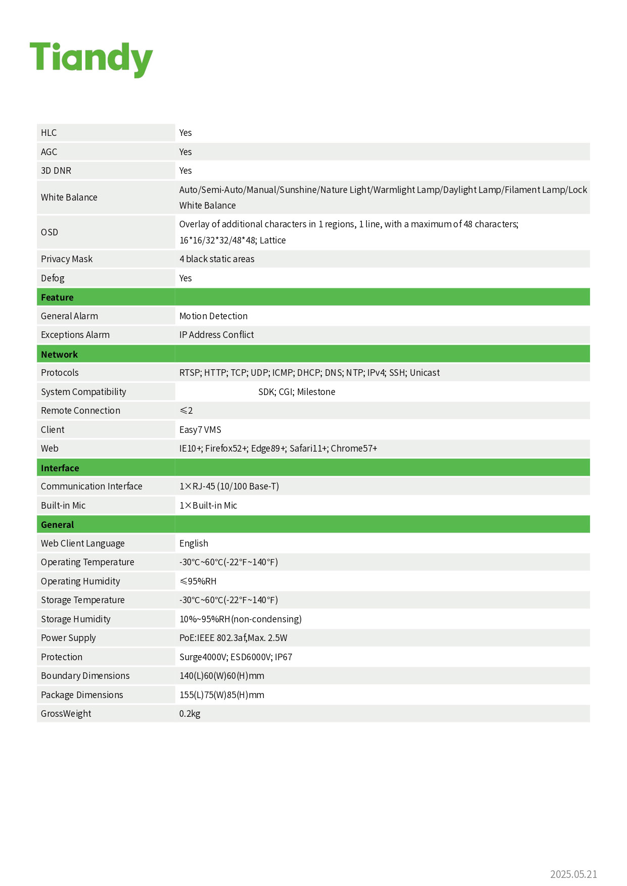 TIANDY TC-C321N 1ANB-4 (4MM.) กล้องวงจรปิด IP Camera 2MP IR range up to 30M., มีไมค์ในตัว BY BILLIONDAIRE SECURETECH TIANDY TC-C321N 1ANB-4 (4MM.)