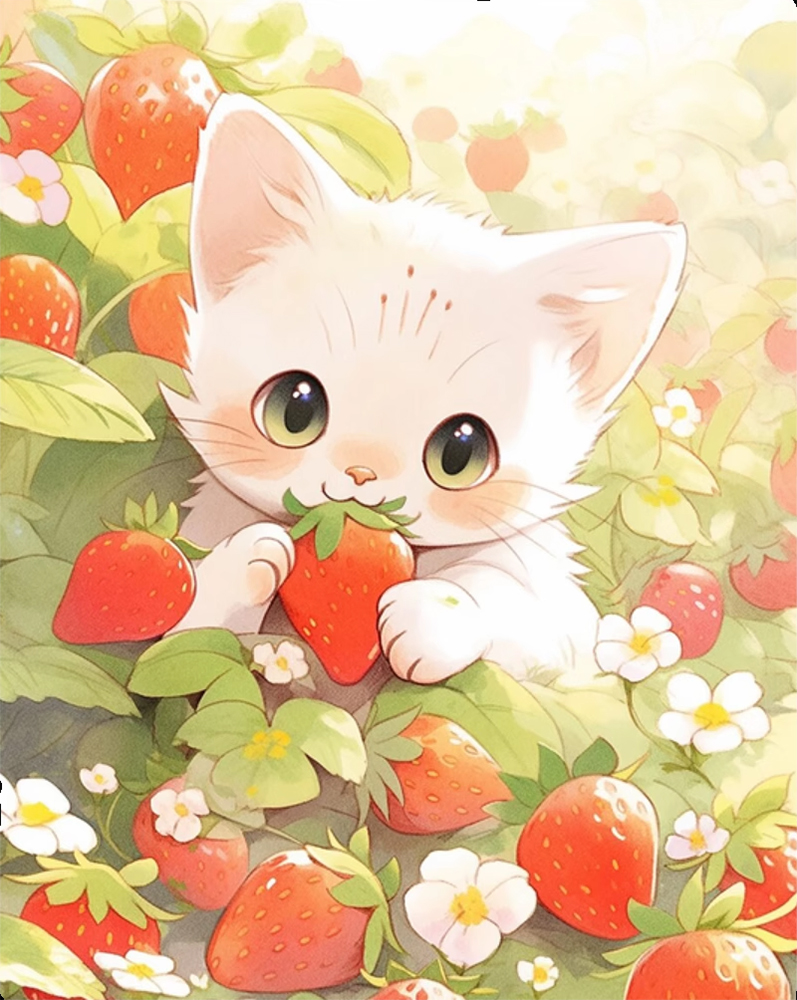 cat-1138 *สินค้าหมด* ชุดปักครอสติช ลายแมวน้อยสตรอเบอรี่ (ปักเต็มผืนผ้า ไม่มีเดินเส้น ผ้า 11CTพิมพ์ลาย ปัก 3 เส้นเล็ก) ขนาด 43*51 ซม.ผ้าครอสติช 11CTพิมพ์ลายปักบนผ้า ไหมคอตตอน 38 สี ผังลาย เข็ม