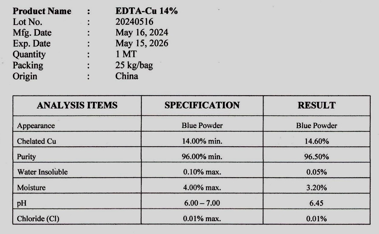 ผงจุลธาตุทองแดง(คอปเปอร์)คีเลตอีดีทีเอ Cu-EDTA 14% ทองแดงคีเลต EDTA Cu (JackChem) บรรจุ 1 กิโลกรัม