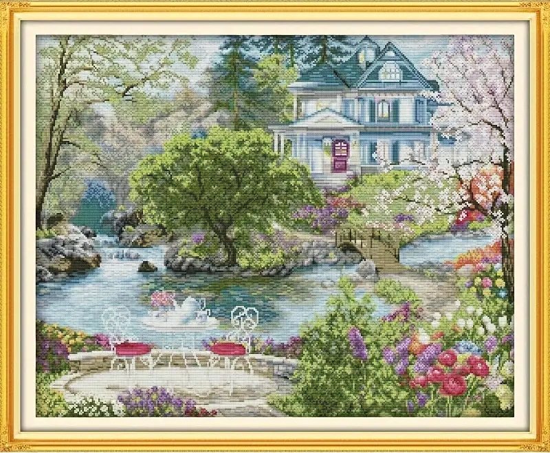 home-1136 *สินค้าหมด* ชุดปักครอสติช ลายบ้านใหญ่ในสวนสวย (ปักเต็มผืนผ้า ไม่มีเดินเส้น ผ้า14CTพิมพ์ลาย ปัก 2 เส้นเล็ก) ขนาด 62*52 ซม.ผ้าครอสติช 14CTพิมพ์ลายปักบนผ้า ไหมคอตตอน 60 สี ผังลาย เข็ม