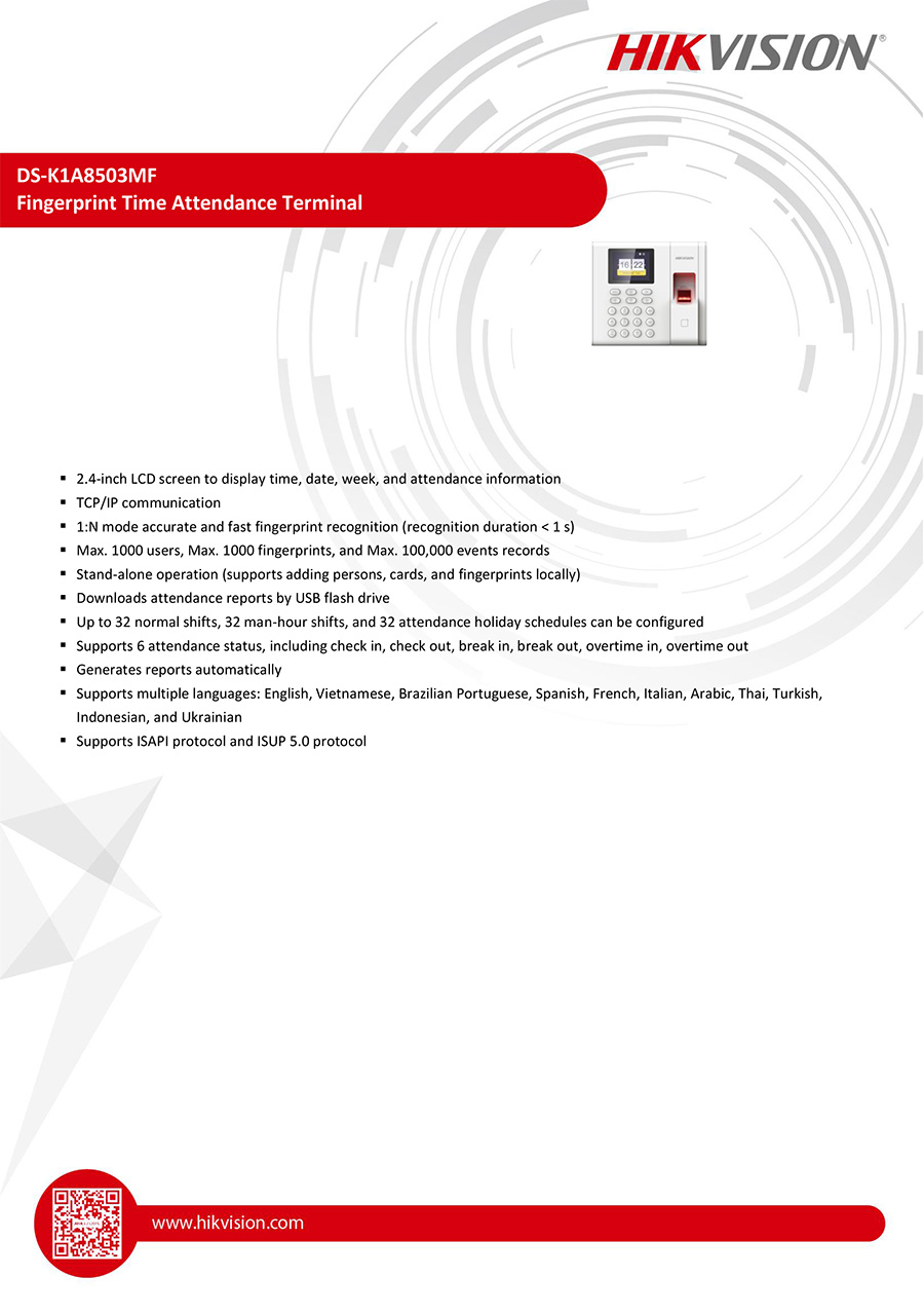 HIKVISION DS-K1A8503MF Fingerprint Time Attendance Terminal เครื่องสแกนลายนิ้วมือลงเวลาทำงาน รองรับ 1,000 นิ้วมือ / 100,000 รายการ BY BILLIONAIRE SECURETECH DS-K1A8503MF
