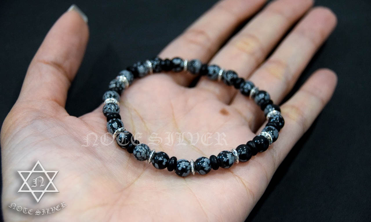 สร้อยข้อมือหิน สโนวเฟล็ก (Snowflake Obsidian) สลับเงินแท้และกะลาตาเดียว ปลุกเสกแล้ว วัดศีรษะทอง (วัดพระราหู) NSSV2050
