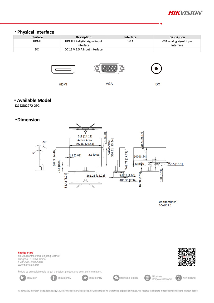HIKVISION DS-D5027F2-2P2 : 27 inch FHD 100Hz IPS Monitor มีลำโพง BY BILLIONAIRE SECURETECH DS-D5027F2-2P2