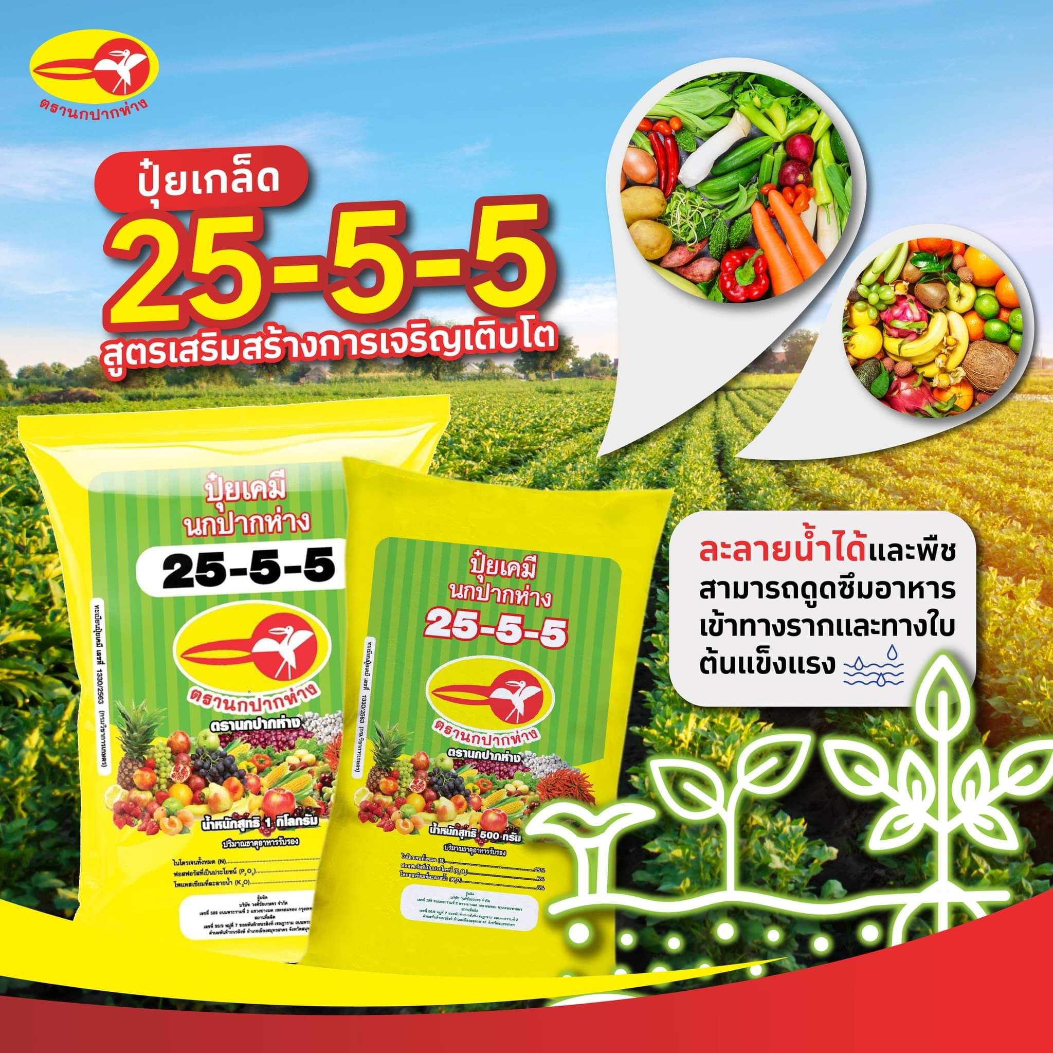 ปุ๋ยเกล็ด ปุ๋ยเขียว นกปากห่าง สุตร 25-5-5 สูตรเสริมสร้างการเจริญเติบโตของลำต้น กิ่ง ก้าน ใบ และส่วนที่มีสีเขียว บรรจุ 1 กิโลกรัมx25 ถุง
