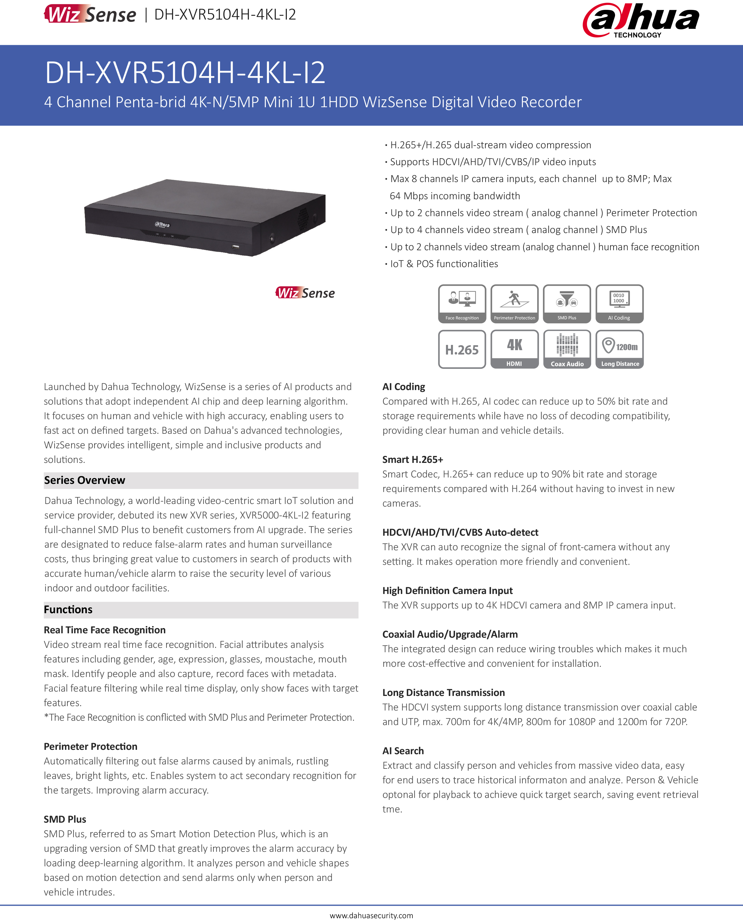 DAHUA XVR5104H-4KL-I2 (4CH) เครื่องบันทึกสำหรับกล้องวงจรปิดระบบ HD BY BILLIONAIRE SECURETECH XVR5104H-4KL-I2