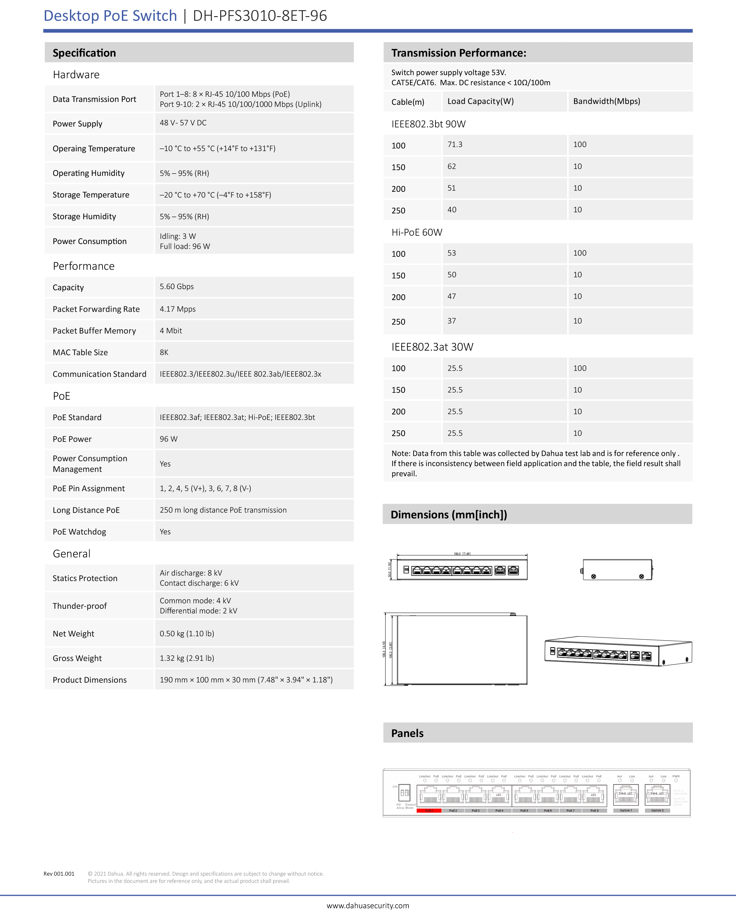 DAHUA DH-PFS3010-8ET-96 Unmanaged 8-Port PoE Switch 8+2 BY BILLIONAIRE SECURETECH DH-PFS3010-8ET-96
