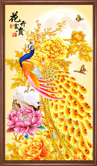 peacock-1023 *สินค้าหมด* ชุดปักครอสติช ลายนกยูงทองคำในสวนโบตั๋นทองคำ (ปักเต็มผืนผ้า ไม่มีเดินเส้น ผ้า11CTพิมพ์ลาย ปัก 3 เส้นเล็ก) ขนาด 50*90 ซม.ผ้าครอสติช 11CTพิมพ์ลายปักบนผ้า ไหมคอตตอน 36 สี ผังลาย เข็ม