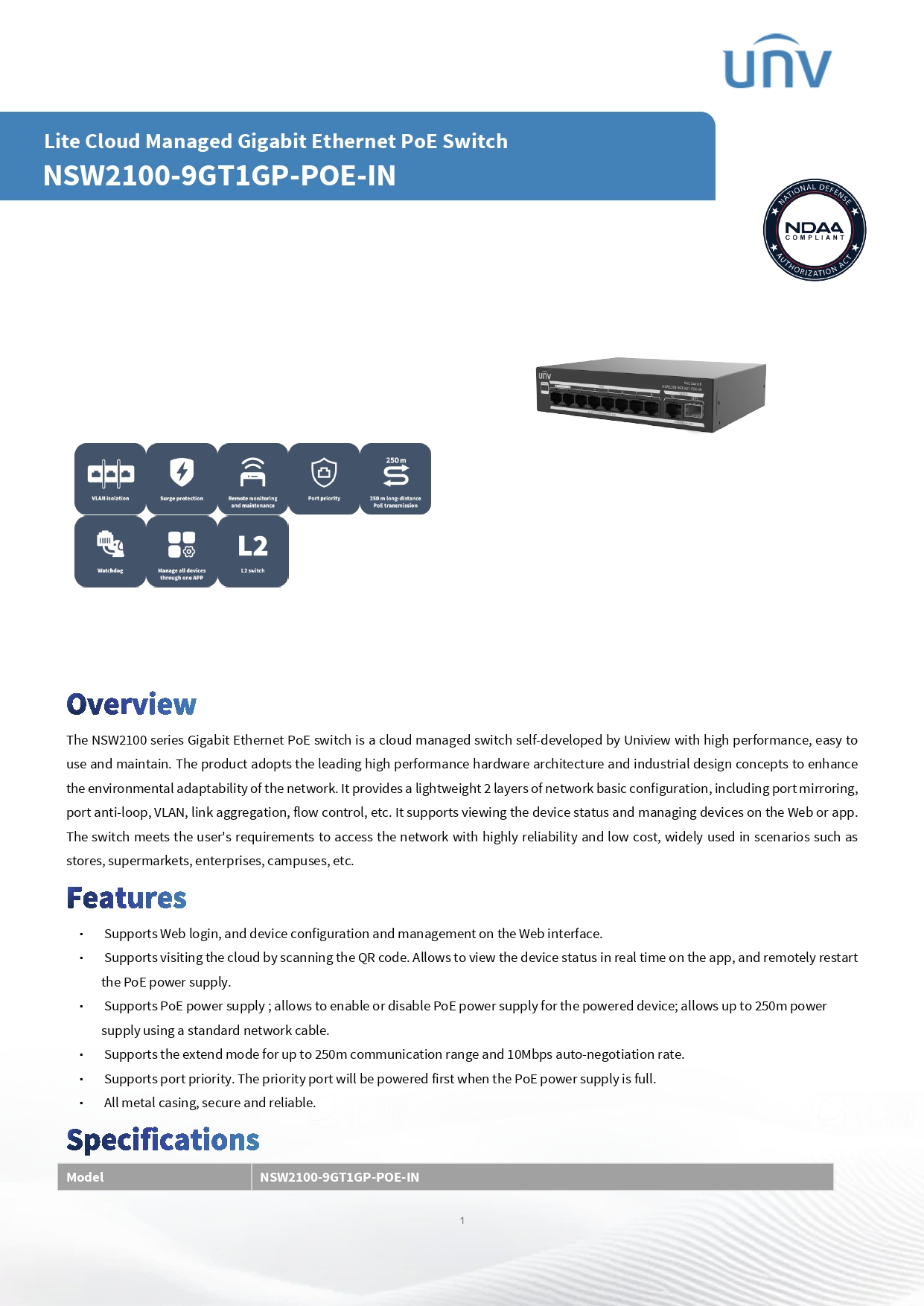 UNV NSW2100-9GT1GP-POE-IN Cloud Managed Gigabit PoE Switch 8x PoE port (RJ45), 1 x port (RJ45), 1 x Gigabit SFP BY BILLIONAIRE SECURETECH UNV NSW2100-9GT1GP-POE-IN