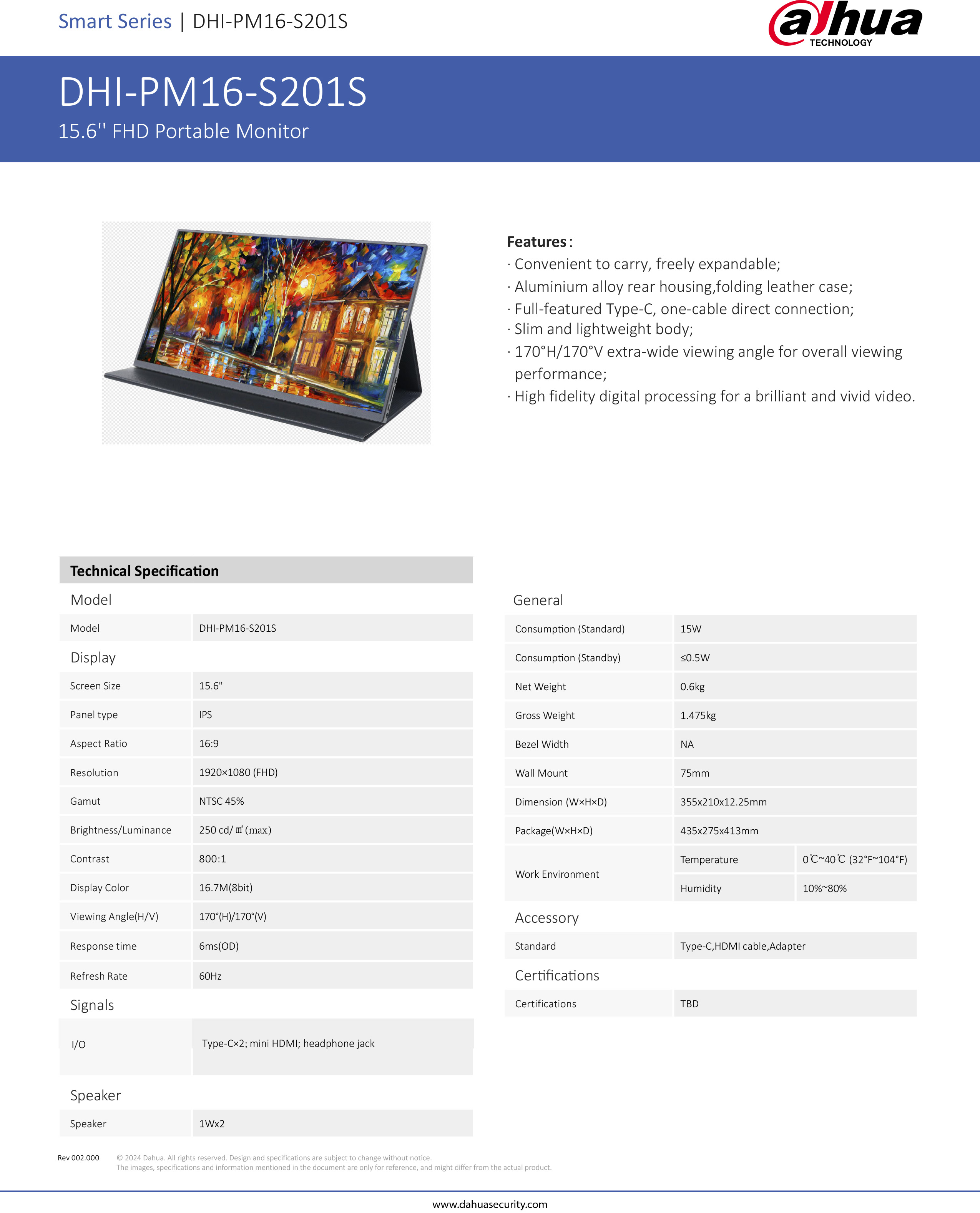 DAHUA DHI-PM16-S201S จอมอนิเตอร์แบบพกพา Portable Monitor ขนาด 15.6" BY BILLIONAIRE SECURETECH DHI-PM16-S201S