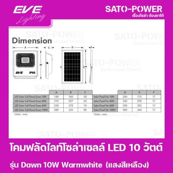 โคมฟลัดไลท์โซล่าเซลล์ LED 10 วัตต์ Warmwhite EVE LIGHTING รุ่น Dawn 10W ขนาด 14 x 16 x 5 ซม. พร้อมรีโมต โซล่าเซลล์ พลังงานแสงอาทิตย์ 10 วัตต์