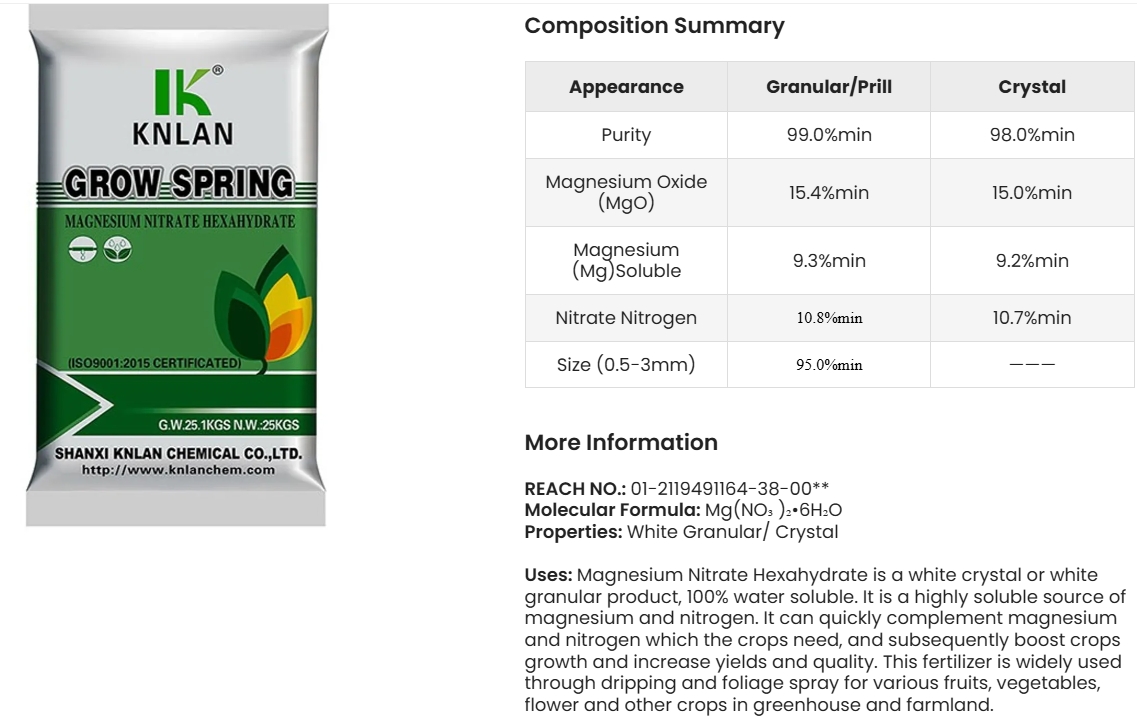 KNLAN Magnesium Nitrate Hexahydrate Granular Mg(NO₃ )₂•6H₂O แมกนีเซียมไนเตรท แบบเม็ด GROW SPRING 10-0-0+9Mg) บรรจุ 1 กิโลกรัม (R)
