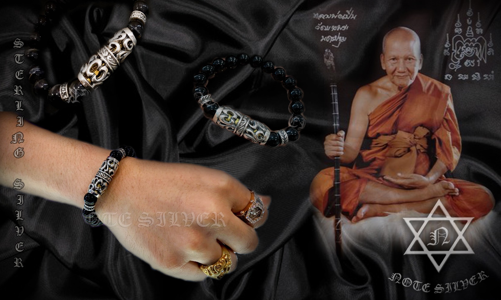 ตะกรุดหลวงพ่อเปิ่นใส่ในปลอกตะกรุดเงินแท้ ร้อยหินนิลดำเงาสวยๆ ขนาดหิน 10 mm NSSV2477