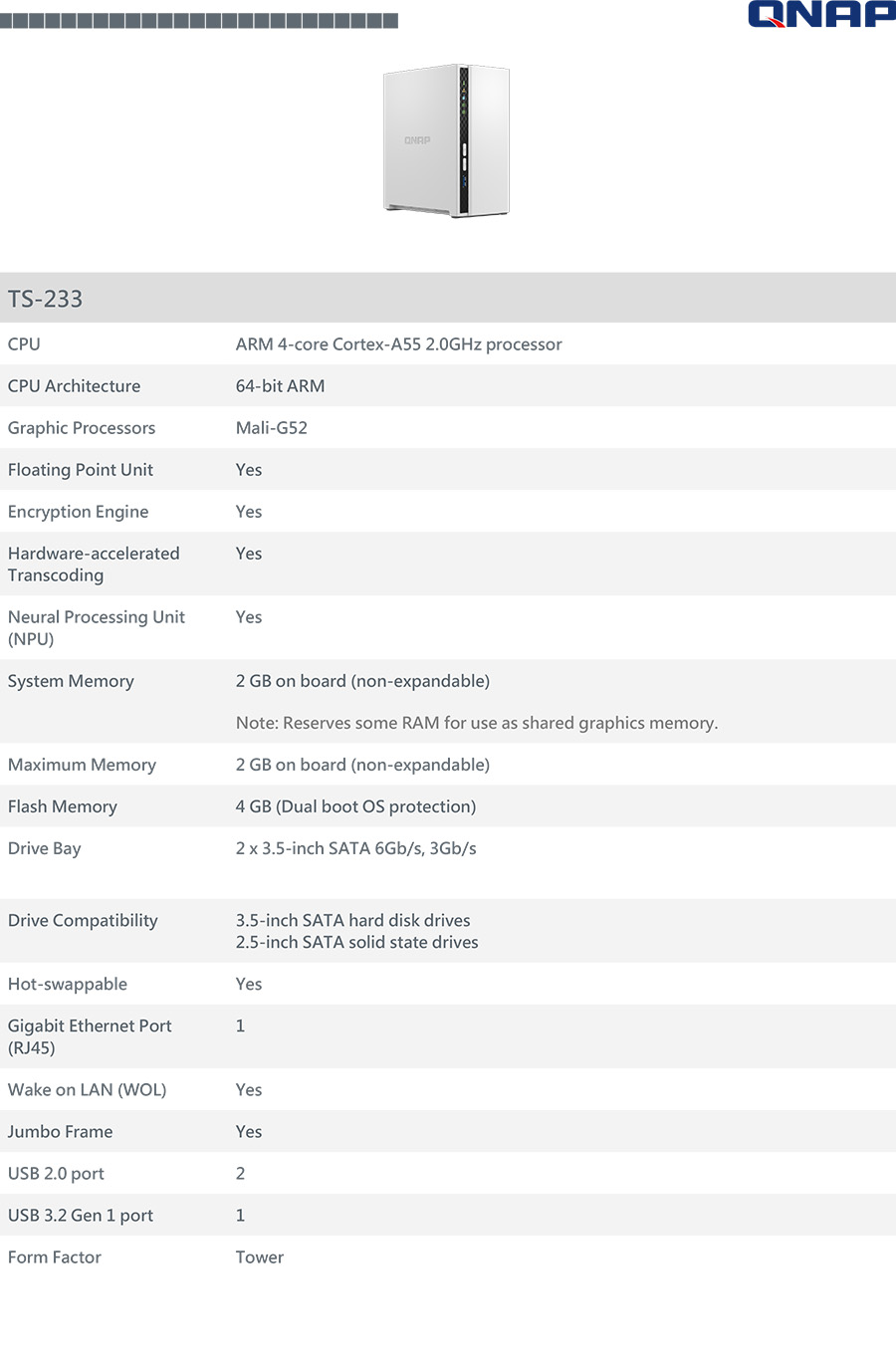 QNAP TS-233 NAS 2-BAY TOWER อุปกรณ์จัดเก็บข้อมูลบนเครือข่าย ARM 4-core Cortex-A55 BY BILLIONAIRE SECURETECH TS-233