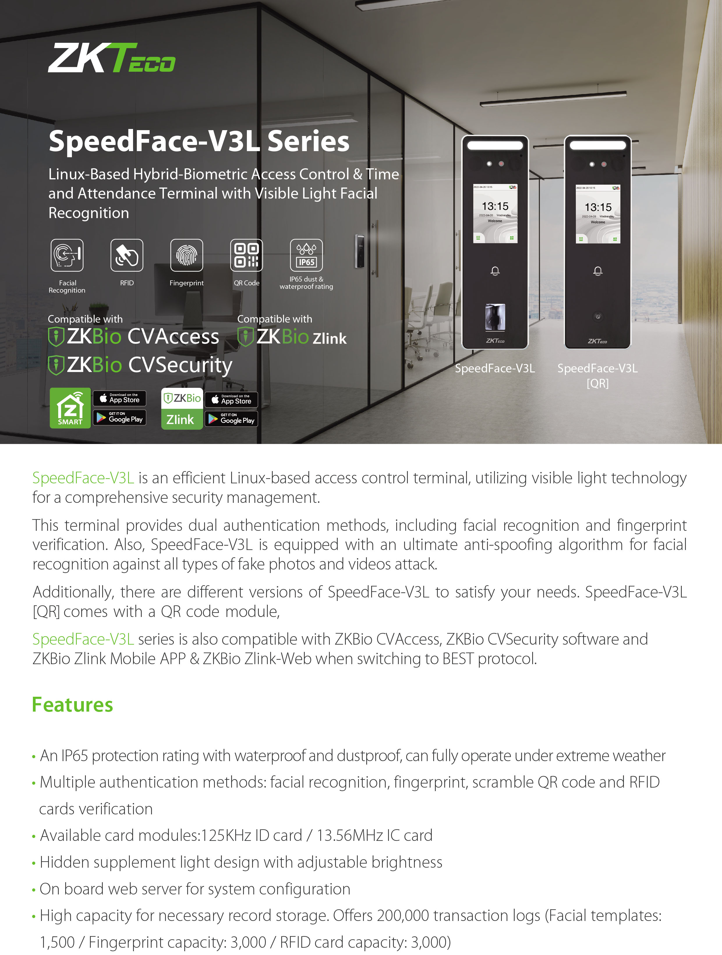 ZKTECO SpeedFace V3L Time Attendance เครื่องสแกนลายนิ้วมือ รองรับ 1,500 ใบหน้า / 3,000 ลายนิ้วมือ / 3,000 บัตร ควบคุมประตูเปิด-ปิด BY BILLIONAIRE SECURETECH SpeedFace V3L