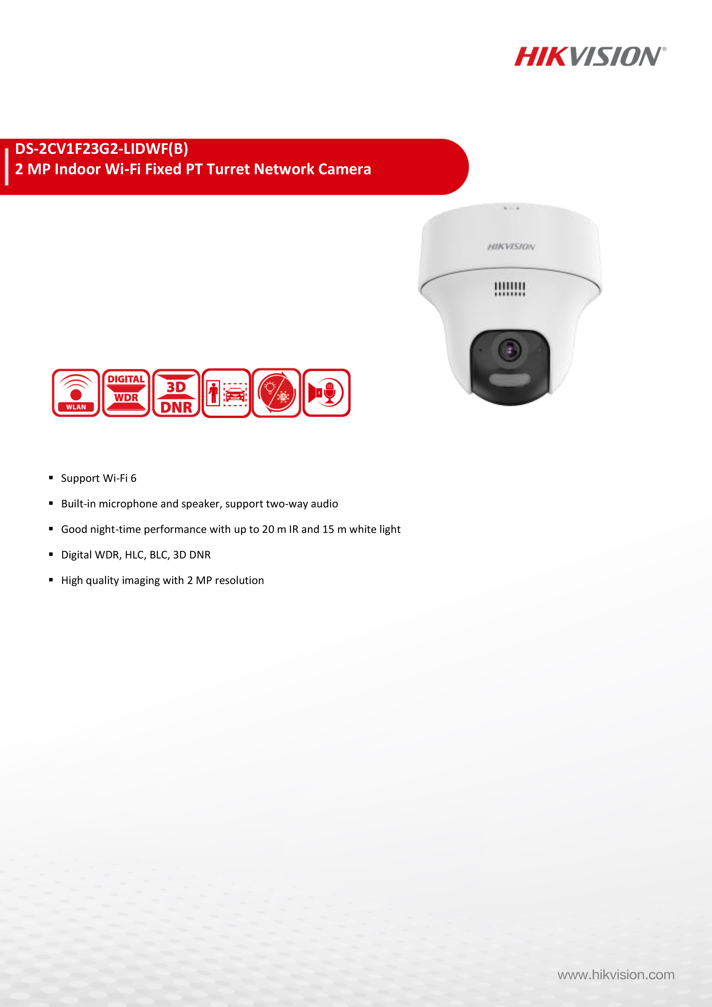 HIKVISION DS-2CV1F23G2-LIDWF(B) (2.8 mm.) กล้องวงจรปิดระบบ IP WIFI 2 ล้านพิกเซล Dual Light + มีไมค์และลำโพงในตัว สำหรับใช้กับชุด WIFI KIT NVS ของ HIKVISION เท่านั้น BY BILLIONAIRE SECURETECH DS-2CV1F23G2-LIDWF(B) (2.8 mm.)