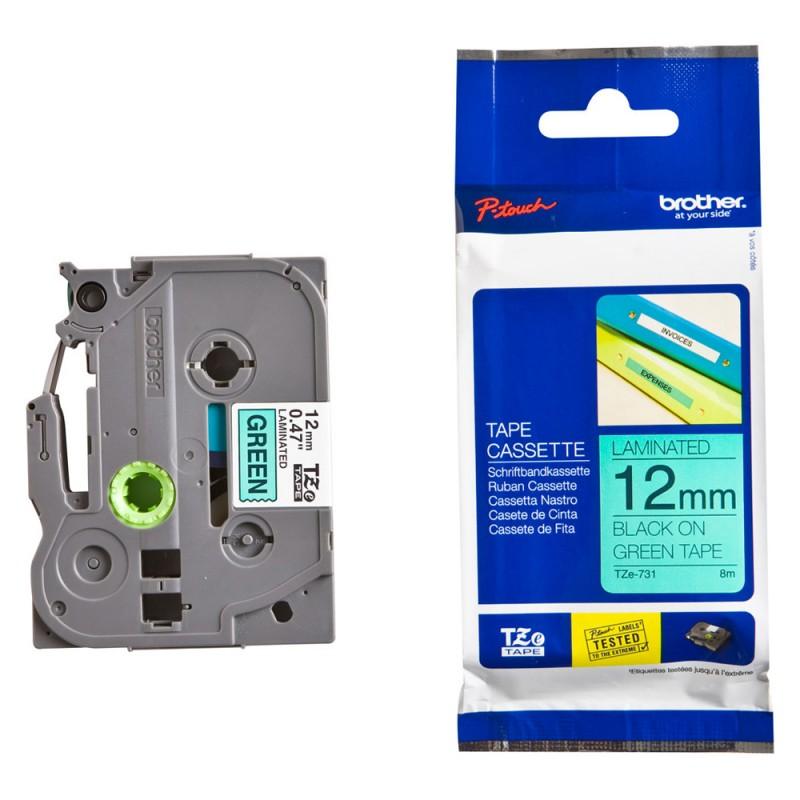 เทปพิมพ์อักษร BROTHER 12 mm. - อักษรดำพื้นเขียว TZE-731