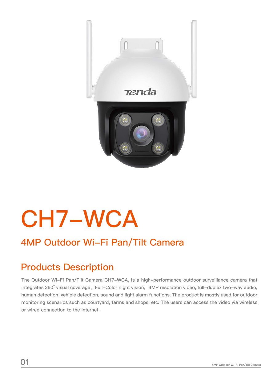 TENDA CH7-WCA 4MP Outdoor Wi-Fi Pan/Tilt Camera, Full Color, IP65 BY BILLIONAIRE SECURETECH CH7-WCA