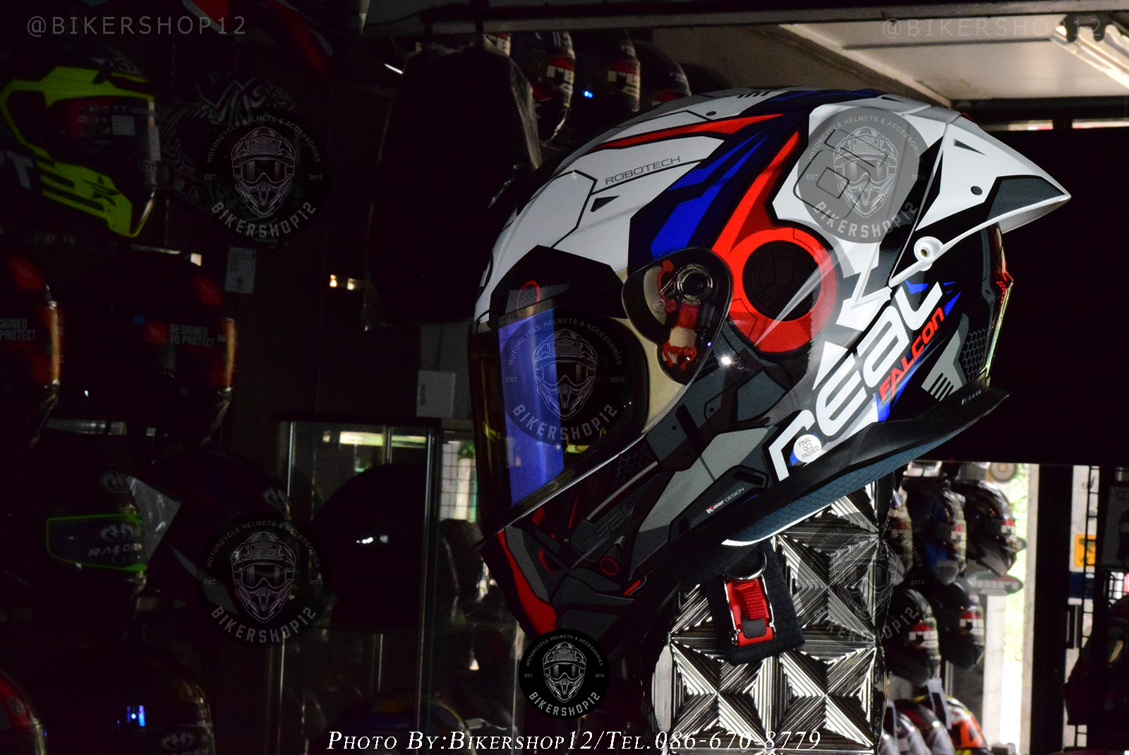 หมวกกันน็อค REAL รุ่น Falcon ลาย Robotech สี ขาว-น้ำเงิน