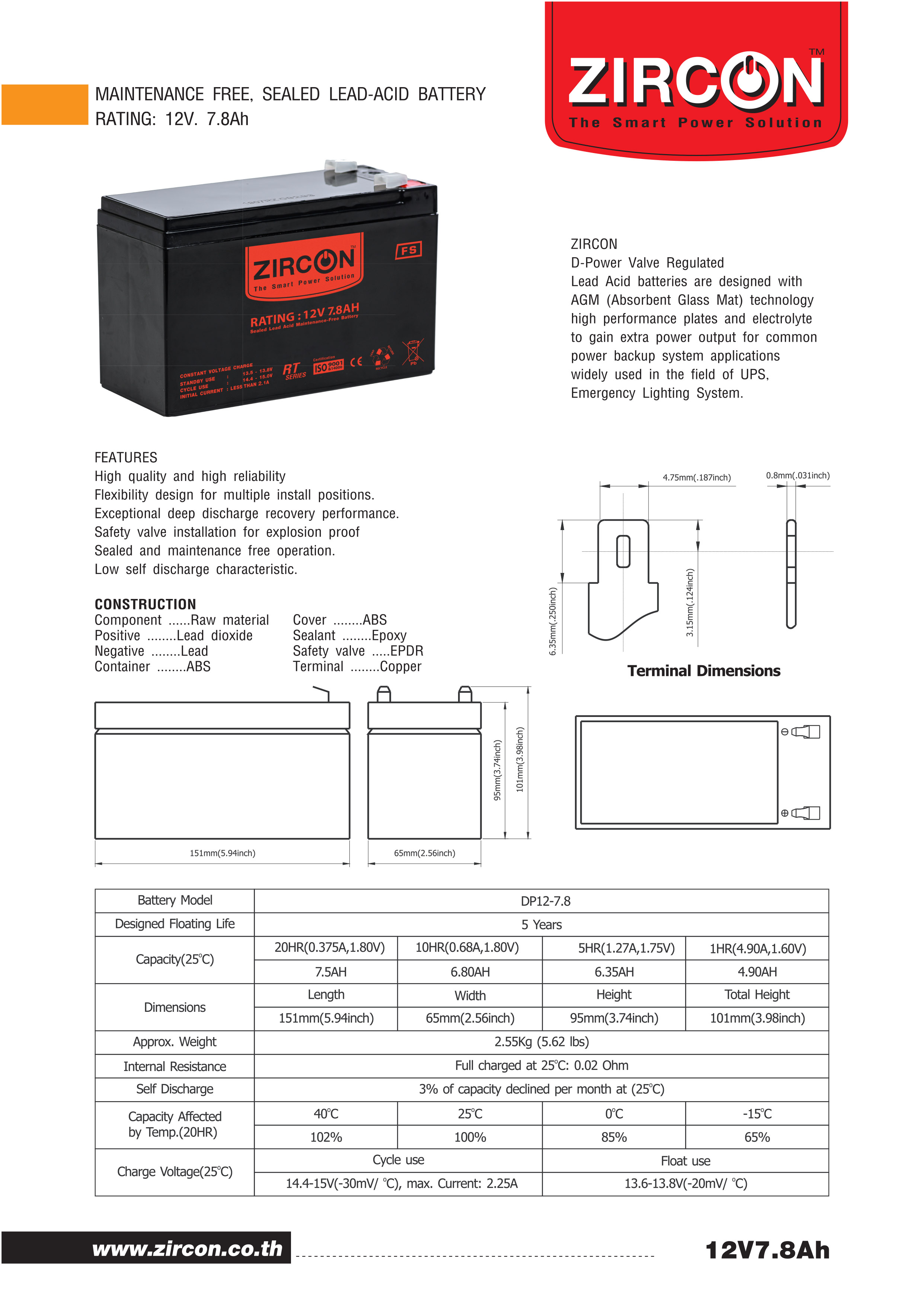 ZIRCON Battery 12V 7.8Ah : Sealed Lead-acid Battery (SLA Battery) แบตเตอรี่สำหรับเครื่องสำรองไฟ แบบแห้ง แบบปิดผนึก ไม่ต้องเติมน้ำกลั่น BY BILLIONAIRE SECURETECH ZIRCON Battery 12V 7.8Ah