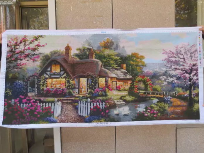 home-1140 *สินค้าหมด* ชุดปักครอสติช ลายบ้านน้อยในสวนสวย (ปักเต็มผืนผ้า ไม่มีเดินเส้น ผ้า11CTพิมพ์ลาย ปัก 3 เส้นเล็ก) ขนาดใหญ่ 149*74 ซม.ผ้าครอสติช 11CTพิมพ์ลายปักเต็มผืนผ้า ไหมคอตตอน 42 สี ผังลาย เข็ม