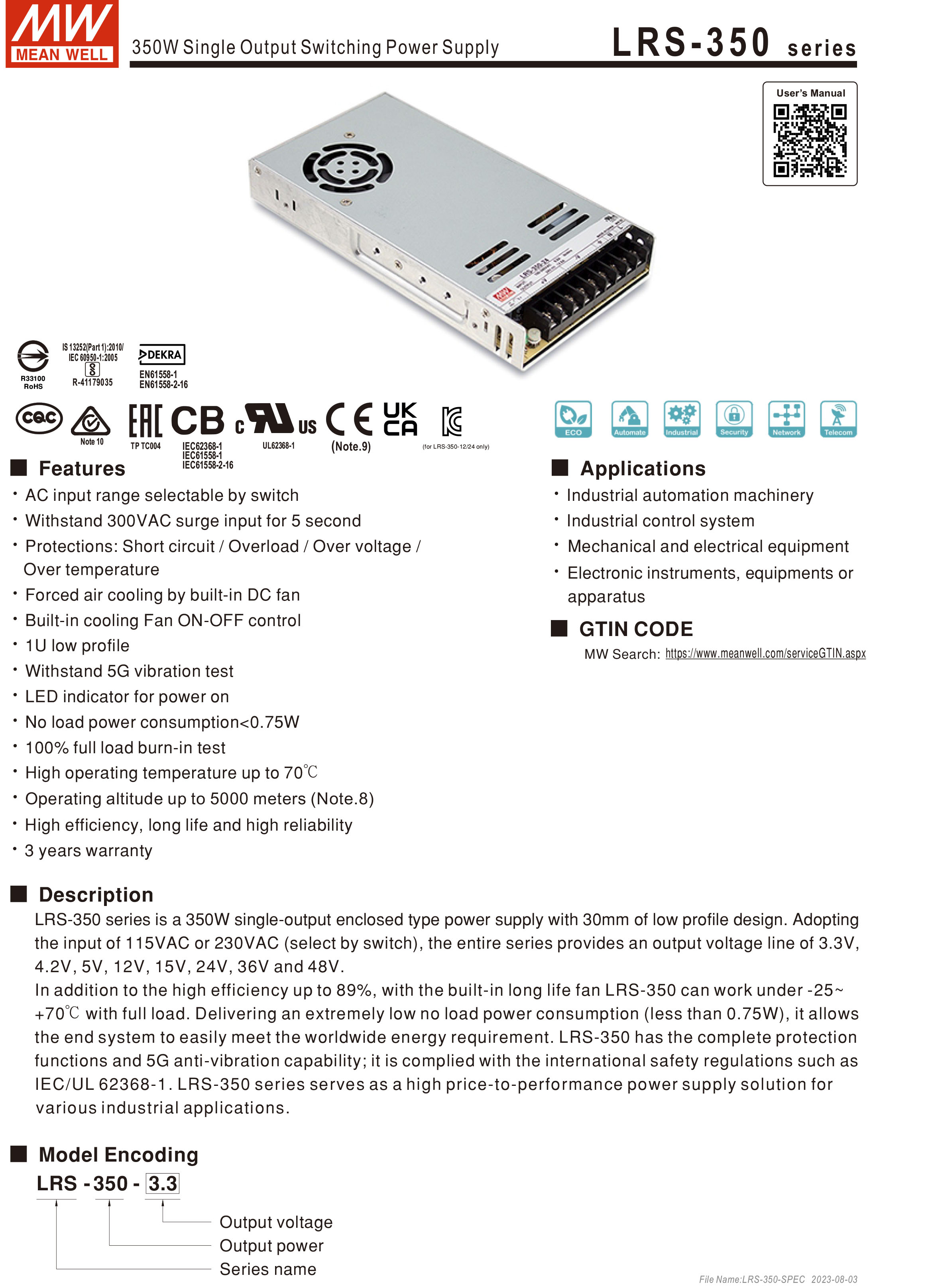 MEANWELL LRS-350-24 SWITCHING POWER SUPPLY 24V 14.6A LRS-350-24