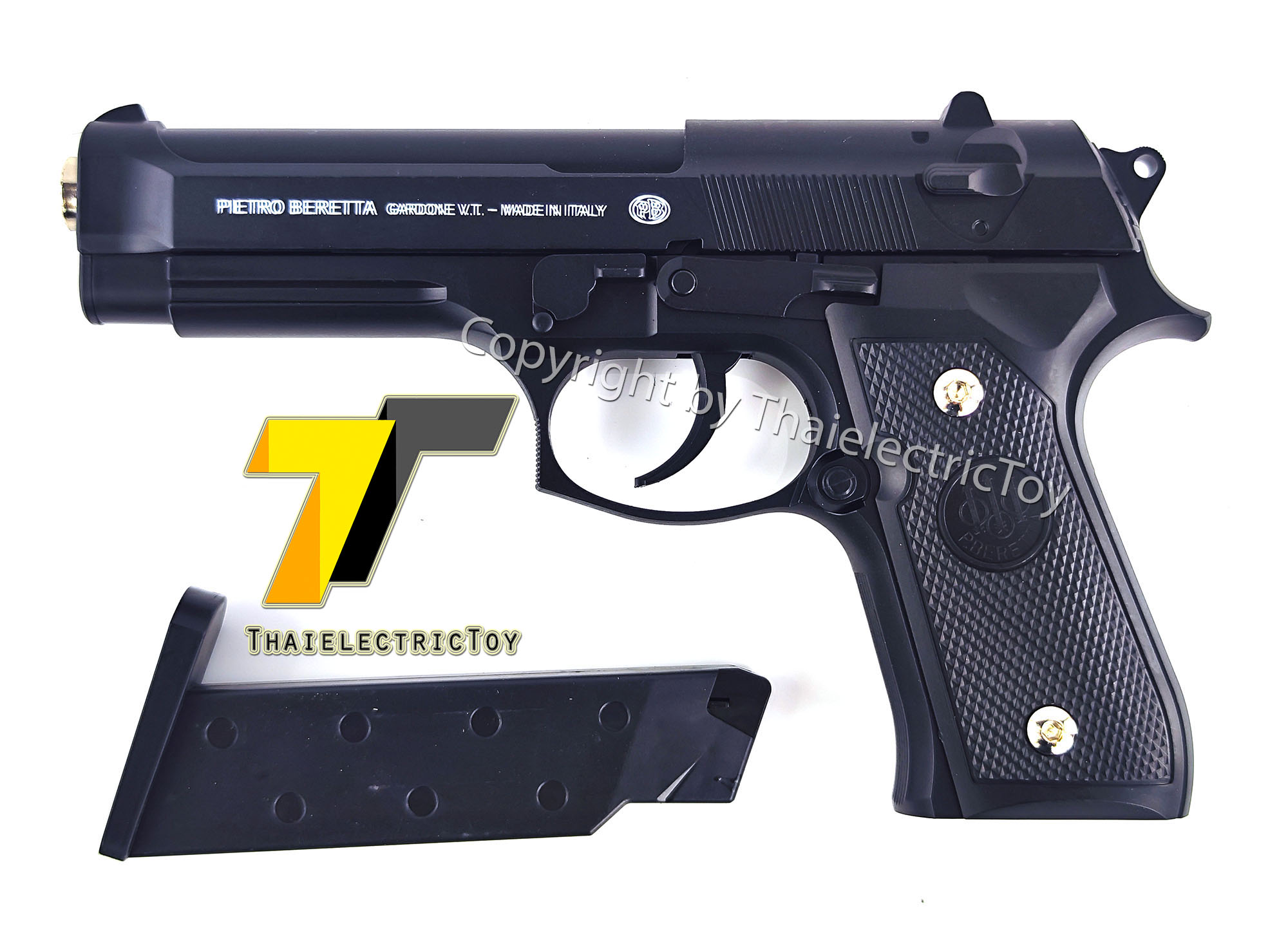 ปืนอัดลมพลาสติก Beretta ชักยิงทีล่ะนัด ลำกล้องยาว 8 นิ้ว หนัก 213 กรัม แขวนสไลน์ได้