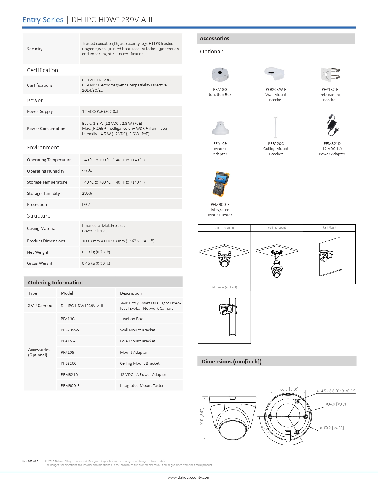 DAHUA IPC-HDW1239V-A-IL (2.8/3.6MM.) กล้องวงจรปิด IP Camera 2MP Smart Dual Light, มีไมค์ในตัว BY BILLIONAIRE SECURETECH IPC-HDW1239V-A-IL