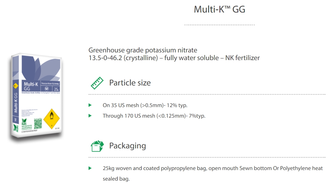 KNO3 Potassium Nitrate ปุ๋ยเกล็ด Haifa Multi K GG (13.5-0-46.2) อิสราเอล จีเกรด ความบริสุทธิ์สูง บรรจุ 25 กิโลกรัม