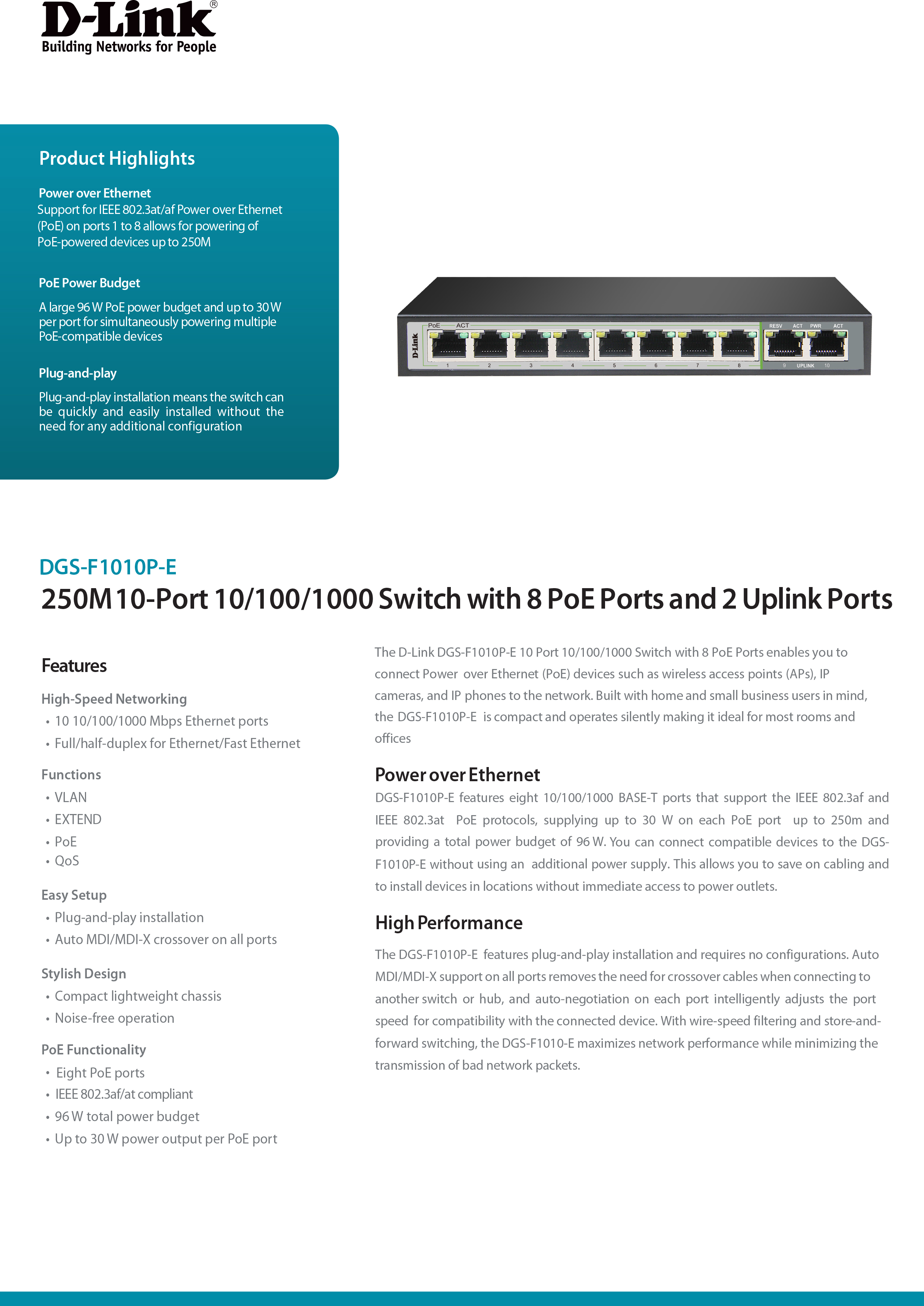 D-LINK DGS-F1010P-E GIGABIT SWITCH 10-PORT (8+2) 10/100/1000Mbps BY BILLIONAIRE SECURETECH DGS-F1010P-E