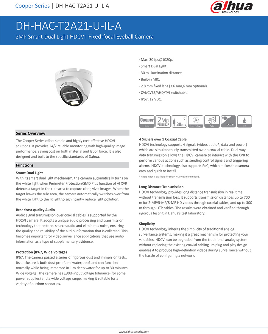 DAHUA DH-HAC-T2A21-U-IL-A (2.8mm.) / HAC-T2A21P-U-IL-A กล้องวงจรปิด ระบบ HDCVI 2MP Smart Dual Light มีไมค์ในตัว BY BILLIONAIRE SECURETECH HAC-T2A21-U-IL-A (2.8mm.)