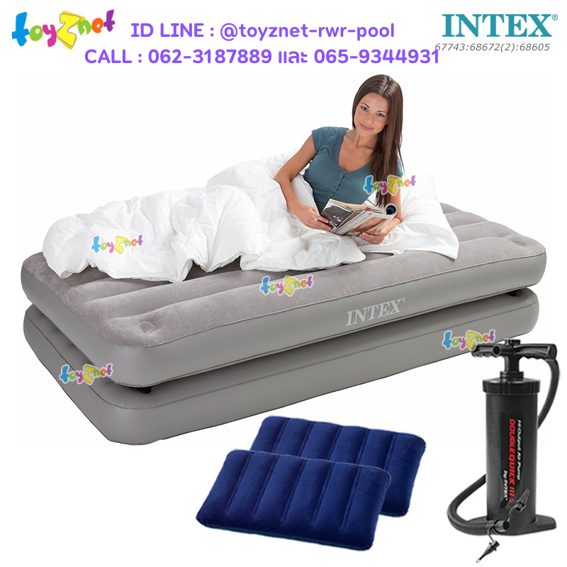 Intex 2-In-1 Airbed 3.5ft (Twin) 0.99x1.91x0.46 m Grey no.67743 + 2 Pillows & DQIII-S Air Pump