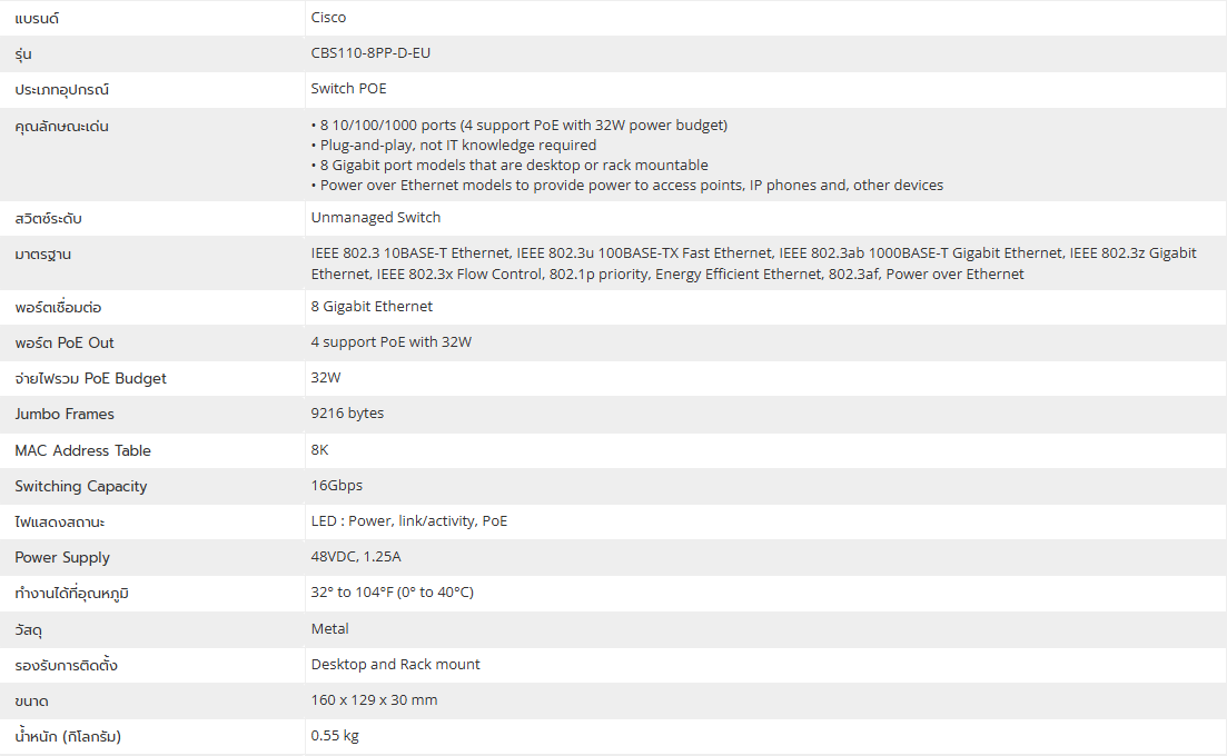 CISCO CBS110-8PP-D-EU Switch 8-Ports Gigabit 10/100/1000 Mbps, PoE 4 ports, Unmanaged Desktop Switch BY BILLIONAIRE SECURETECH CISCO CBS110-8PP-D-EU