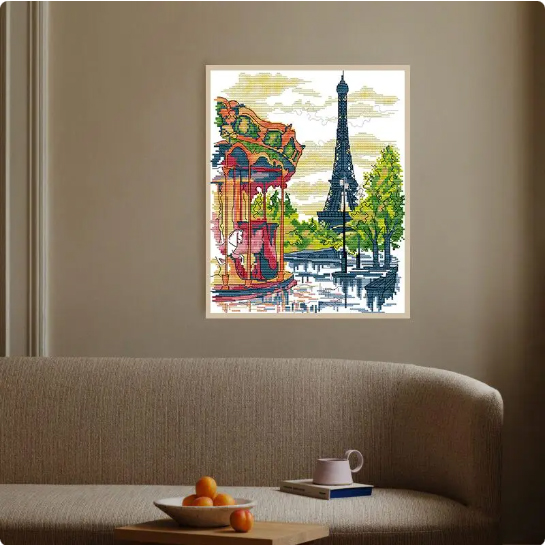 view-1154 *สินค้าหมด* ชุดปักครอสติช ลายม้าหมุนหอไอเฟล (ผ้า11CTพิมพ์ลาย ปักครั้งละ 3 เส้นเล็ก) ขนาด 36*43 ซม.ผ้าครอสติช 11CTพิมพ์ลายปักบนผ้า ไหมคอตตอน 27 สี ผังลาย เข็ม