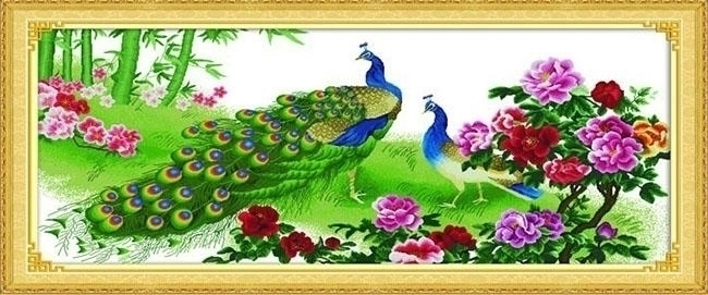 peacock-1019 *พร้อมส่ง* ชุดปักครอสติช ลายนกยูงคู่ในสวนโบตั๋น (ไม่มีเดินเส้น ผ้า11CTพิมพ์ลาย ปัก 3 เส้นเล็ก) ขนาด 112*54 ซม ผ้าครอสติช 11CTพิมพ์ลายปักบนผ้า ไหมคอตตอน 67 สี ผังลาย เข็ม