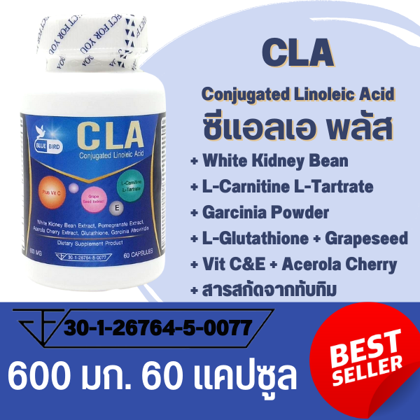 ซีแอลเอ CLA Conjugated Linoleic Acid Plus L-carnitine ตรา บลูเบิร์ด ขนาด 600 มิลลิกรัม 60 เม็ด
