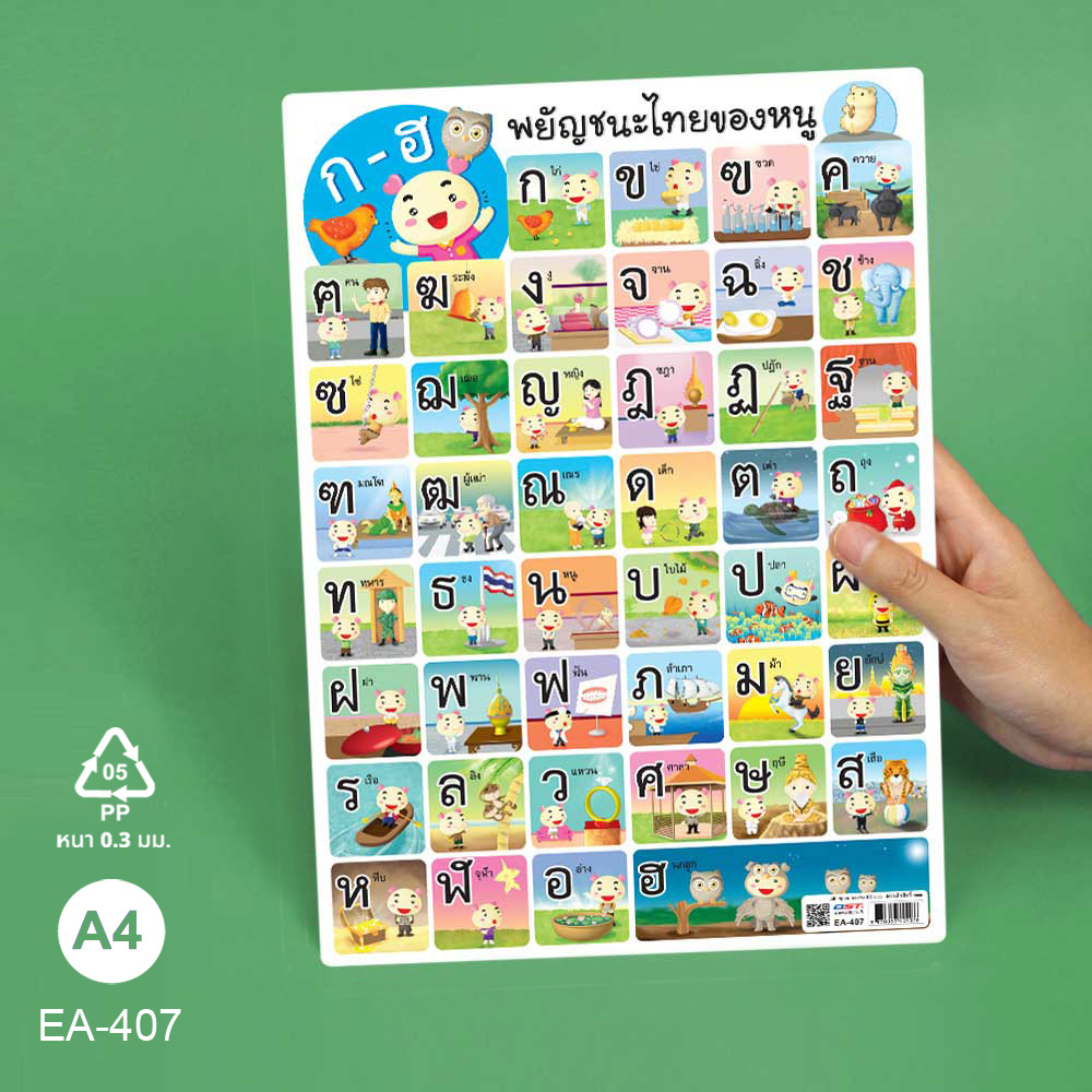 โปสเตอร์พลาสติก ความรู้ ชุดพยัญชนะ ก-ฮ ขนาด A4 EA-407 พยัญชนะไทยของหนู