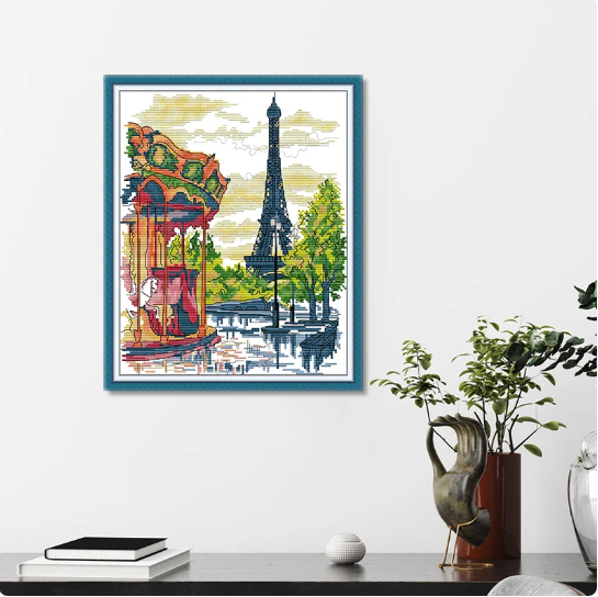 view-1154 *สินค้าหมด* ชุดปักครอสติช ลายม้าหมุนหอไอเฟล (ผ้า11CTพิมพ์ลาย ปักครั้งละ 3 เส้นเล็ก) ขนาด 36*43 ซม.ผ้าครอสติช 11CTพิมพ์ลายปักบนผ้า ไหมคอตตอน 27 สี ผังลาย เข็ม