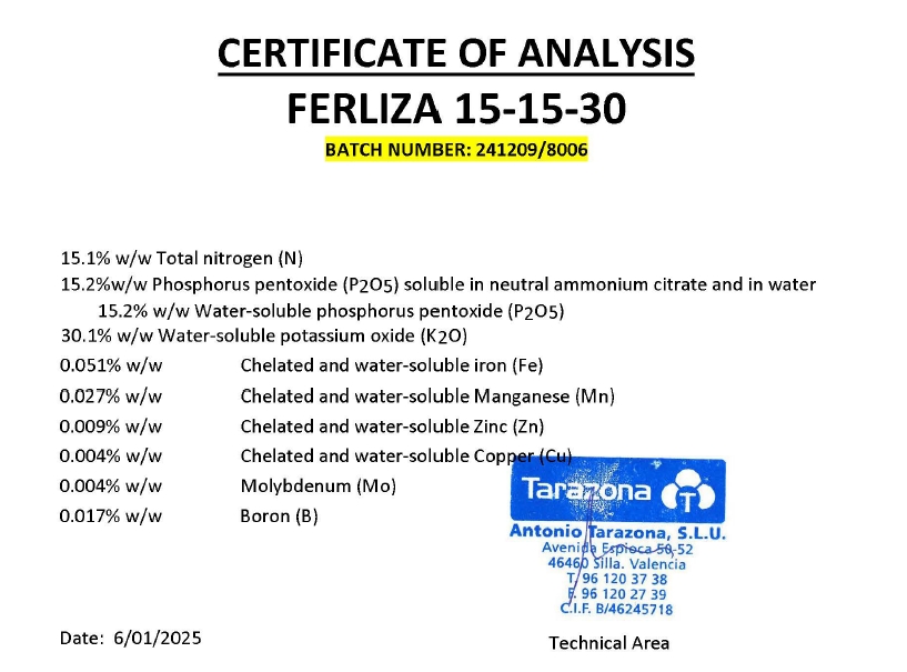 ปุ๋ยเกล็ด เฟอร์ลิซ่า Ferliza (Tarazona สเปน) สุตร 15-15-30 +ChelateTE สำหรับบำรุงผล บรรจุ 25 กิโลกรัม