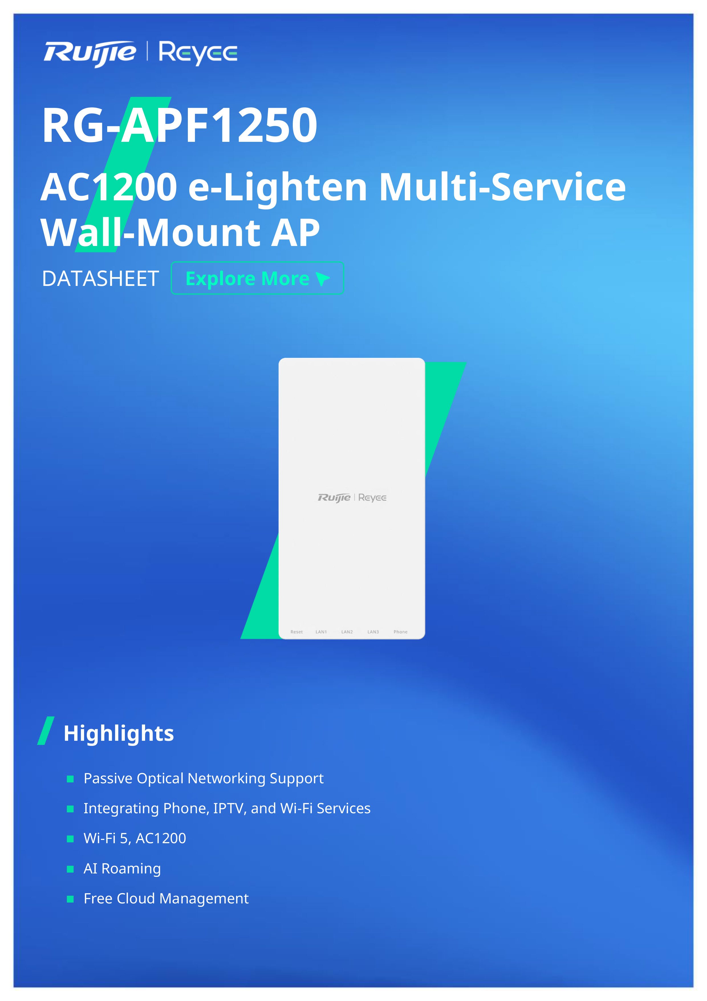 RUIJIE RG-APF1250 , AC1200 e-Lighten Multi-Service Wall-Mount Access Point BY BILLIONAIRE SECURETECH RG-APF1250