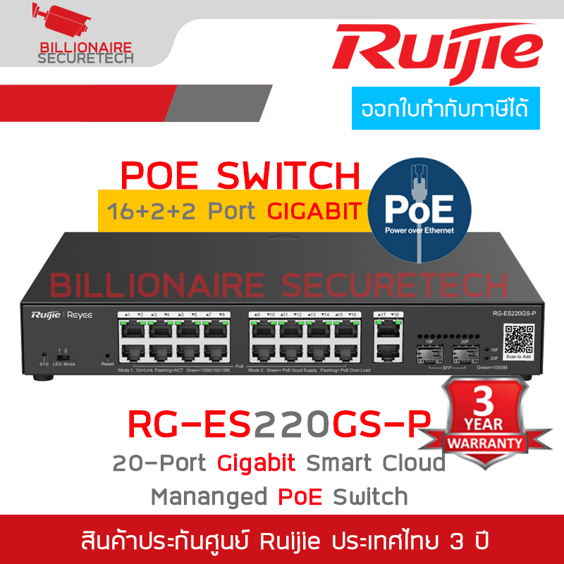 RUIJIE RG-ES220GS-P 20-Port Cloud POE+ Switch, 16 Gigabit PoE+ ports, 2 RJ45 Port, 2 SFP, 250W BY BILLIONAIRE SECURETECH RG-ES220GS-P