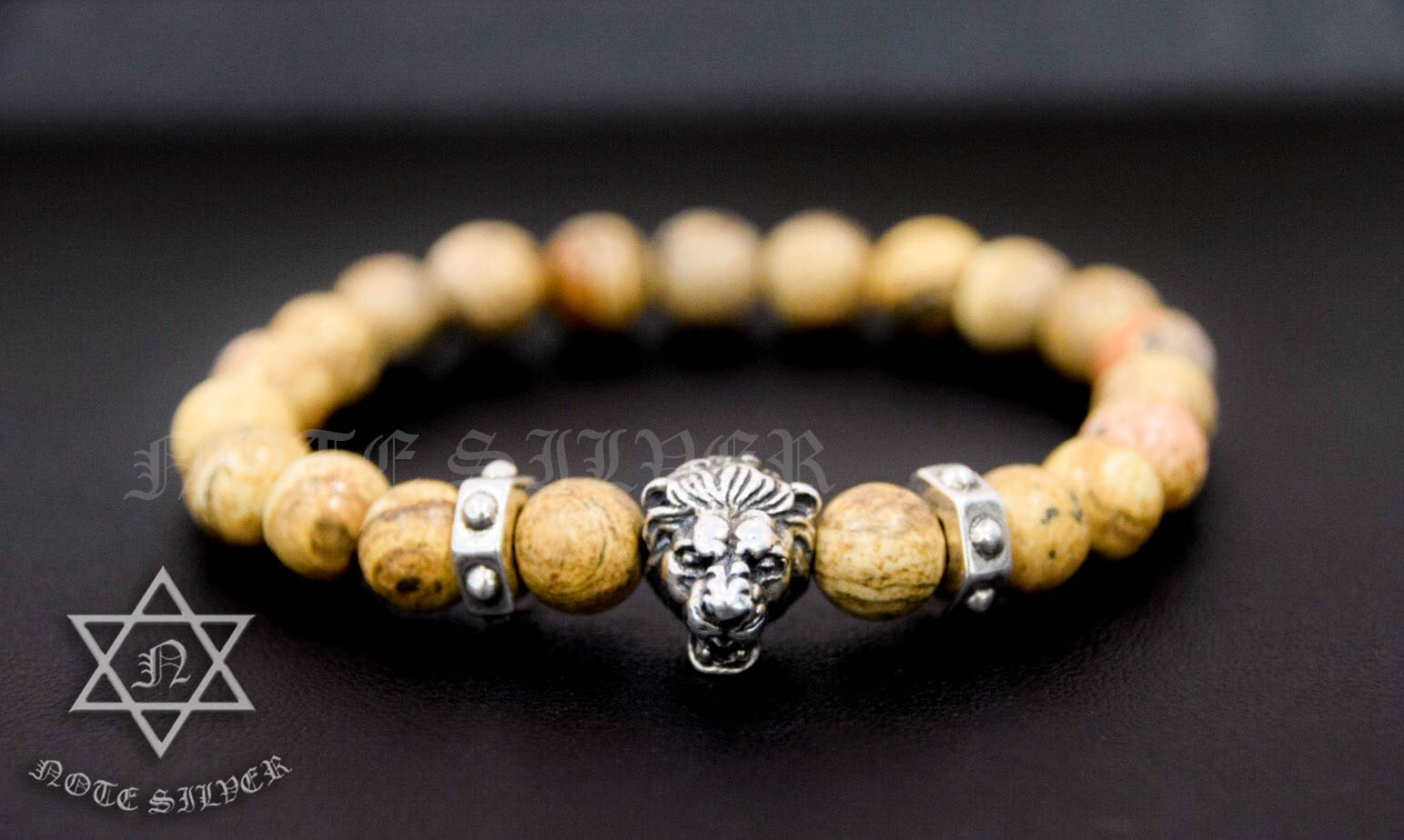 สร้อยข้อมือหินพิคเจอร์ แจสเปอร์ Picture Jasper หมุดสิงโต และโดนัดเงินแท้ Sterling Silver 925 NSSV1814